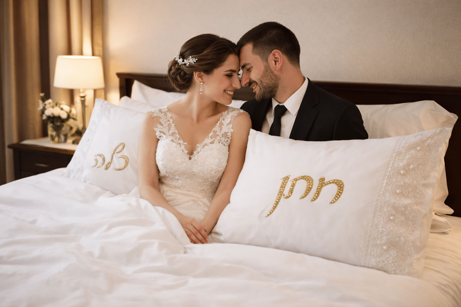מצעים חתן כלה בכיתוב זהב