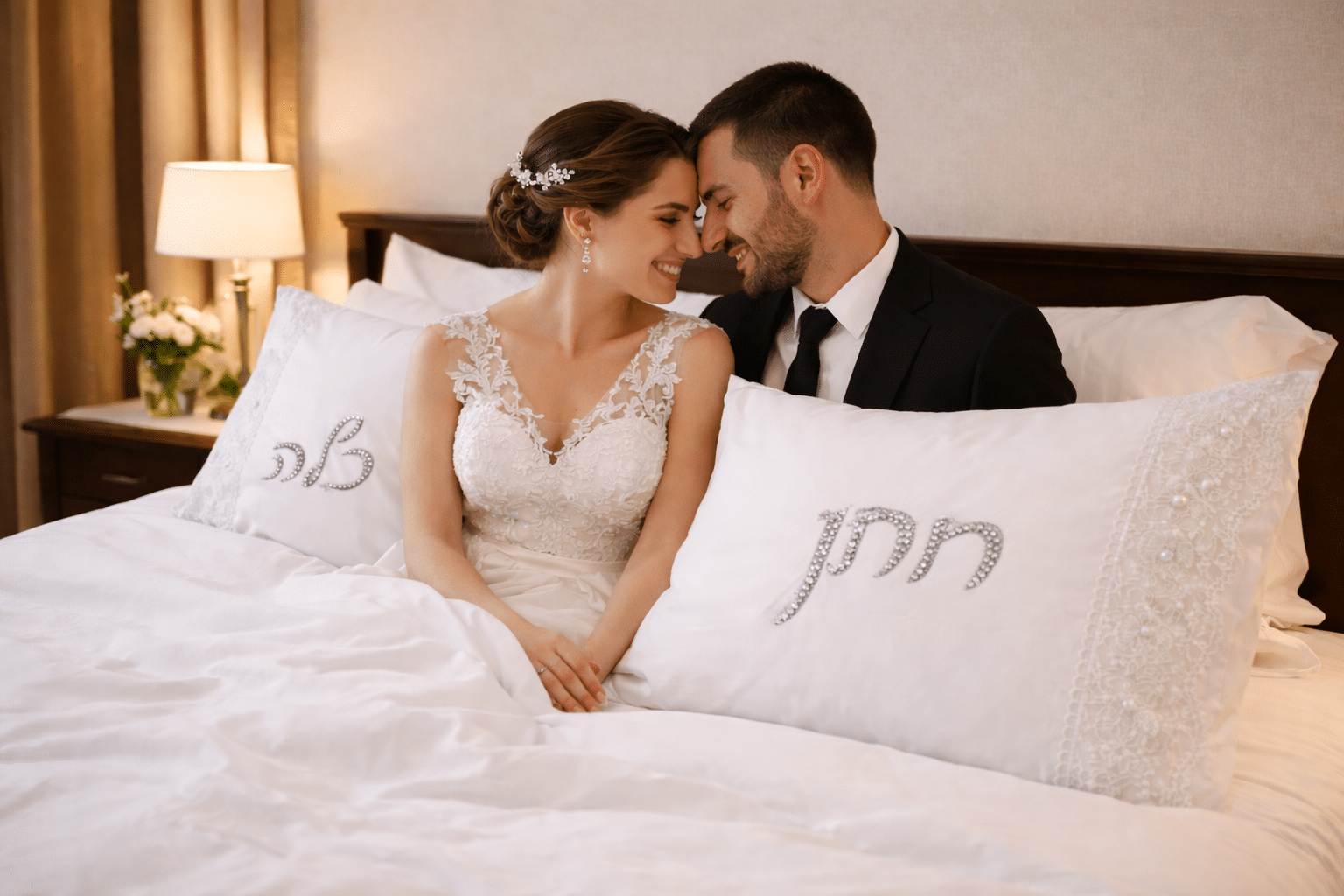 מצעים חתן כלה בכיתוב כסף